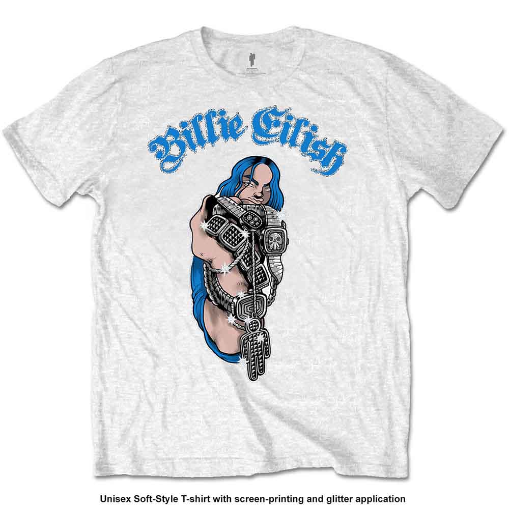 Billie Eilish Bling Glitter Print White X-Large T-Shirt