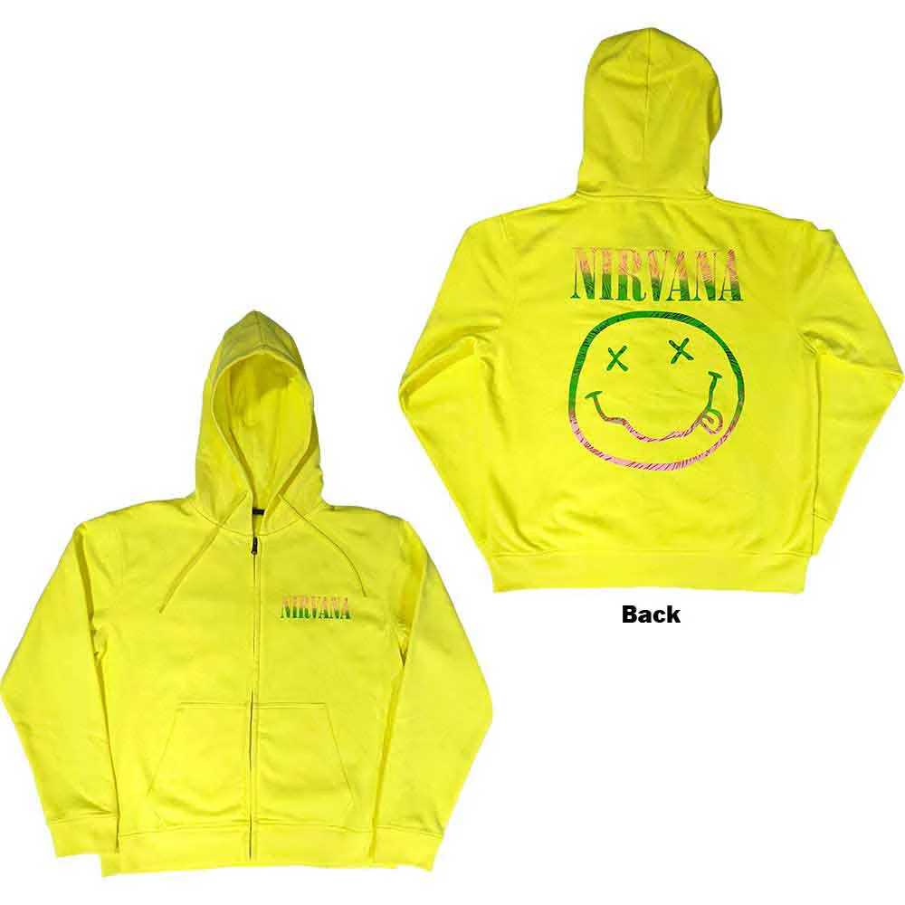 Nirvana Sorbet Ray Happy Face Neon Yellow Large Zipped Hoodie - Image 3